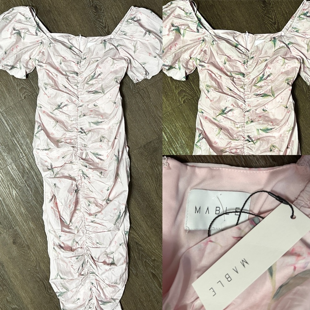 Mable Blush Pink flirty feminine floral rusched dress size Large L new - Picture 14 of 14